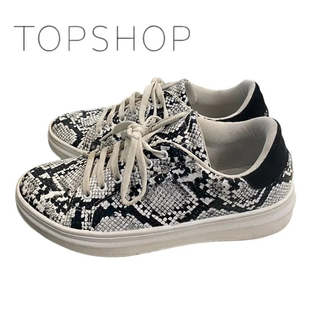TOPSHOP Women's Snake Print Black White Lace Tennis Shoes Sneakers 8.5 39